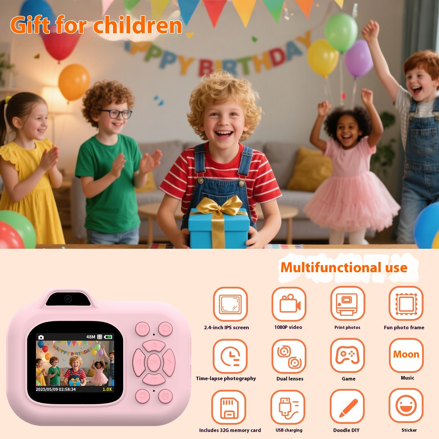 Caméra pour enfants Enregistrement Photographie Vidéo Playback Jeu Photo Sticker