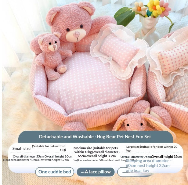 Thick, round cat cushion with bear pattern, fully washable