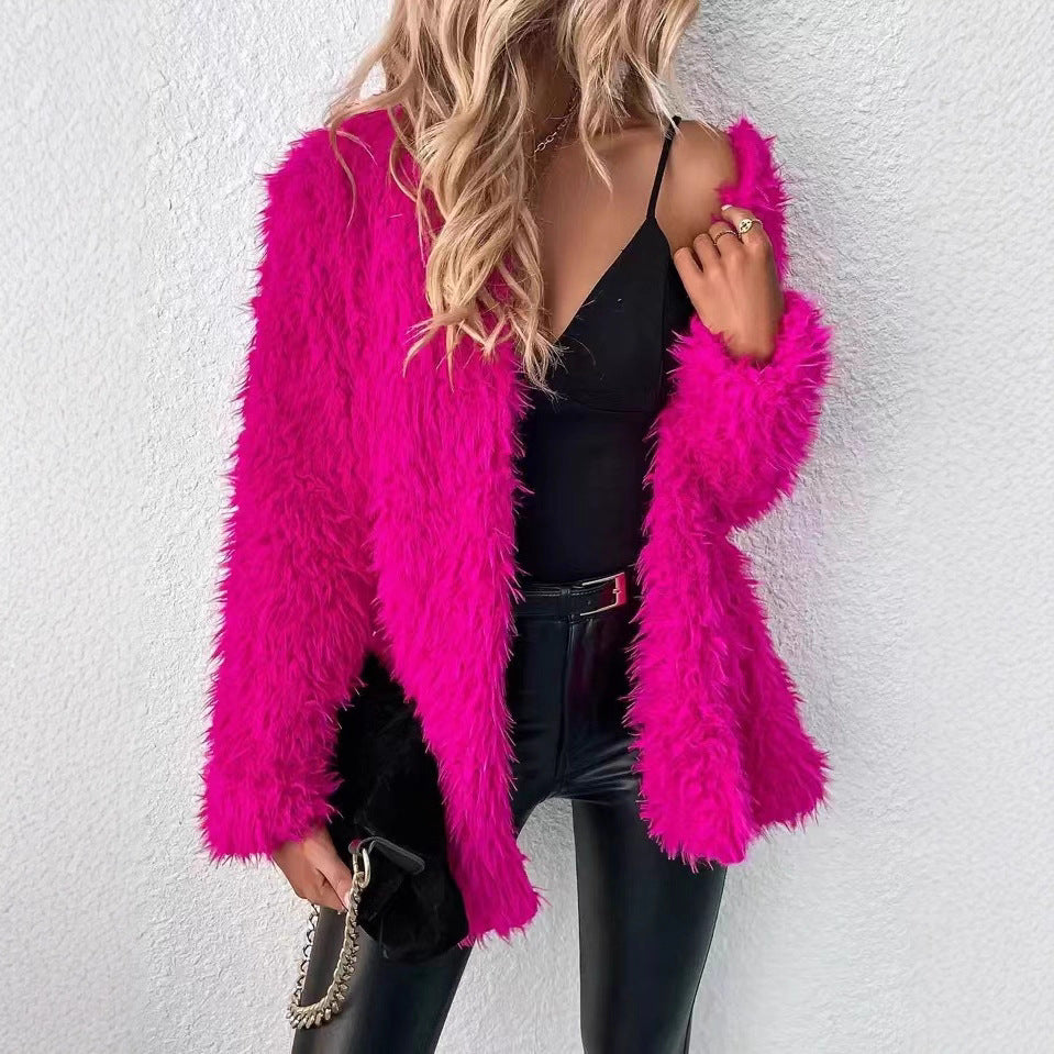 Cardigan rouge d'automne Coat fluffy couleur solide