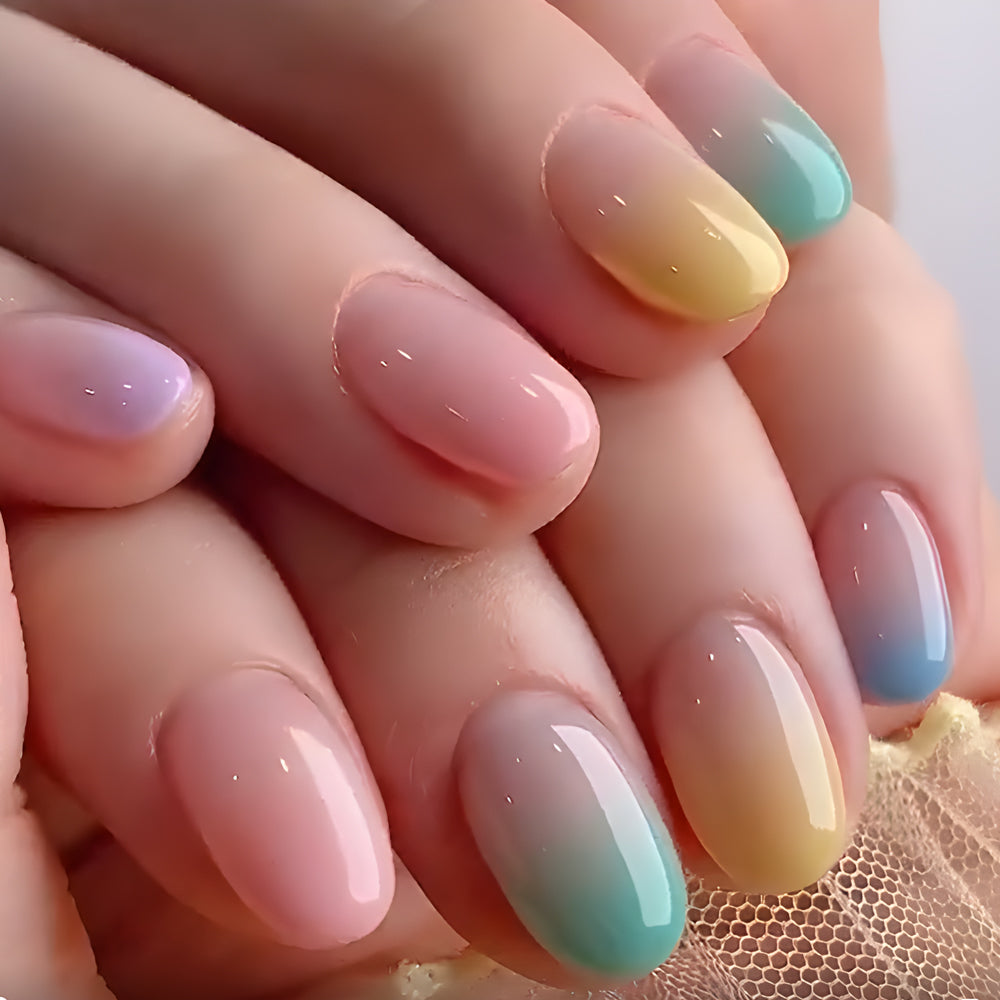 24 pièces Court Ovale Arc-en-ciel Gradient Design Nail Polish Set.Long Press On The Nail. Inclure