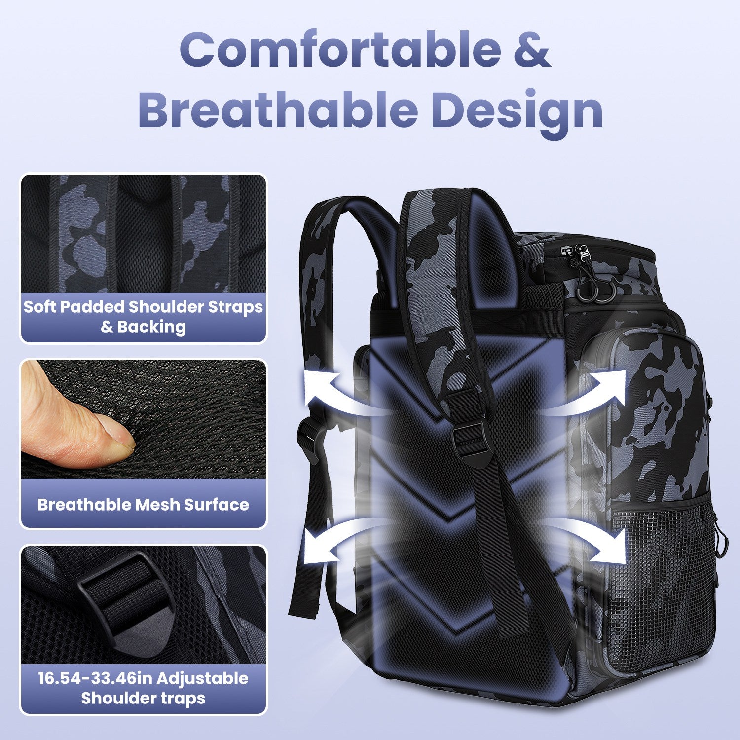 42L 11Gal sac à dos de pêche grande capacité de pêche sac de rangement avec porte-rodes 16 P