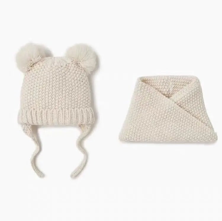 Fausse boule de fourrure décoratif bébé tricoté chapeau en laine tricoté écharpe tricoté ensemble deux-pièces