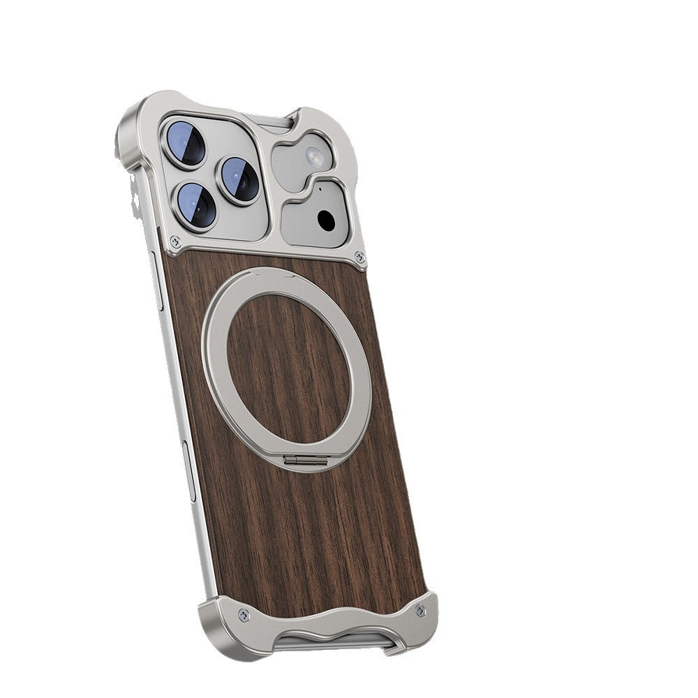 One-piece Shell with Rotating Solid Wood and Metal Magnetic Phone Case