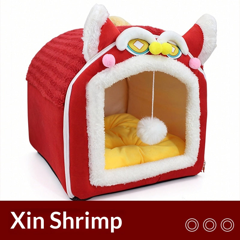 Warm, removable, washable plush pet bed with full enclosure