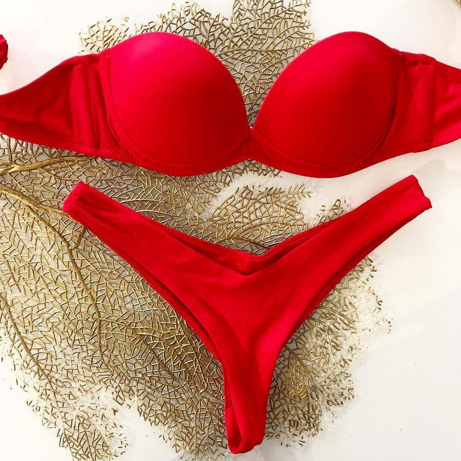 Solid color two-piece bikini with sequins