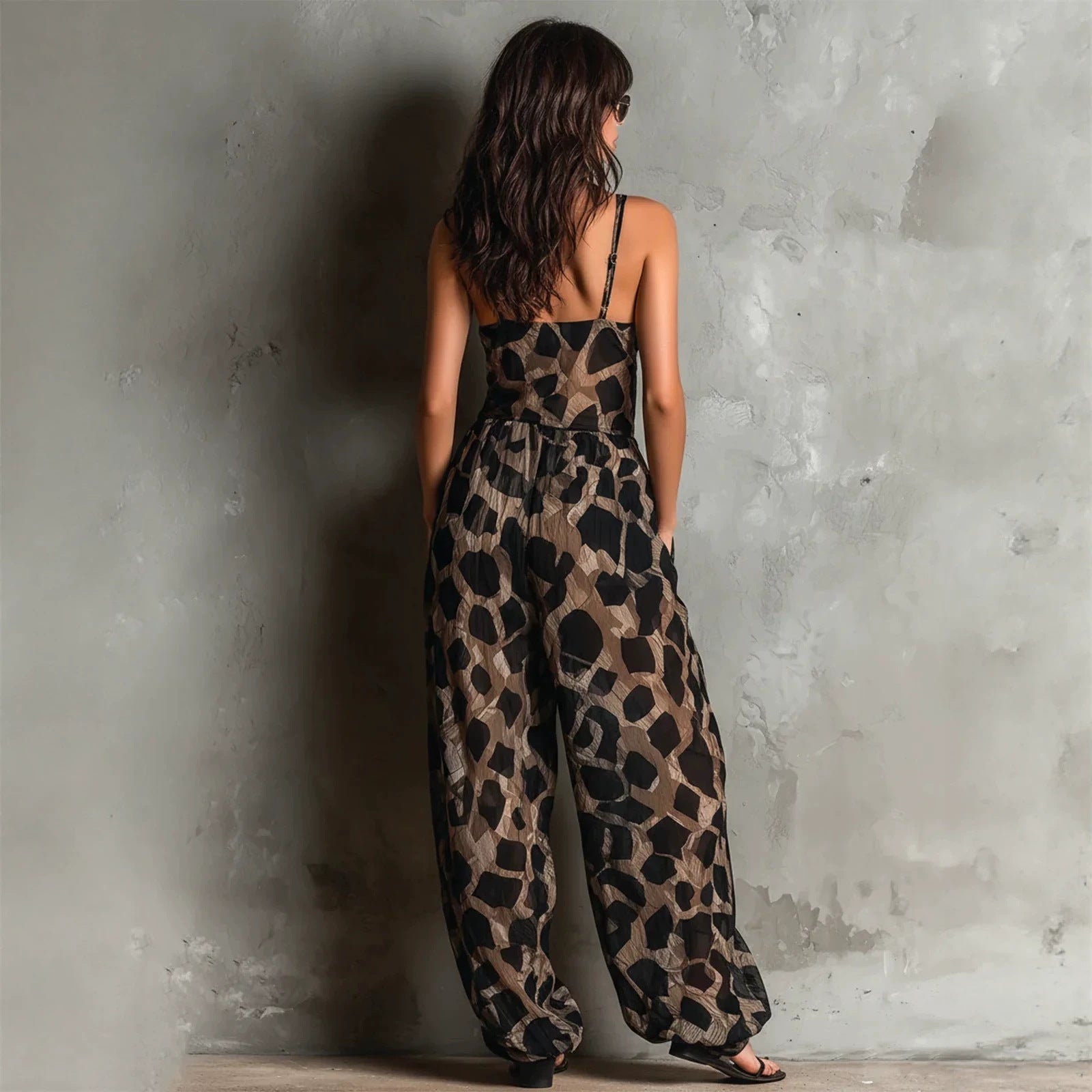 Retro Leopard Print Deep V-neck Tie-detail Strap Jumpsuit