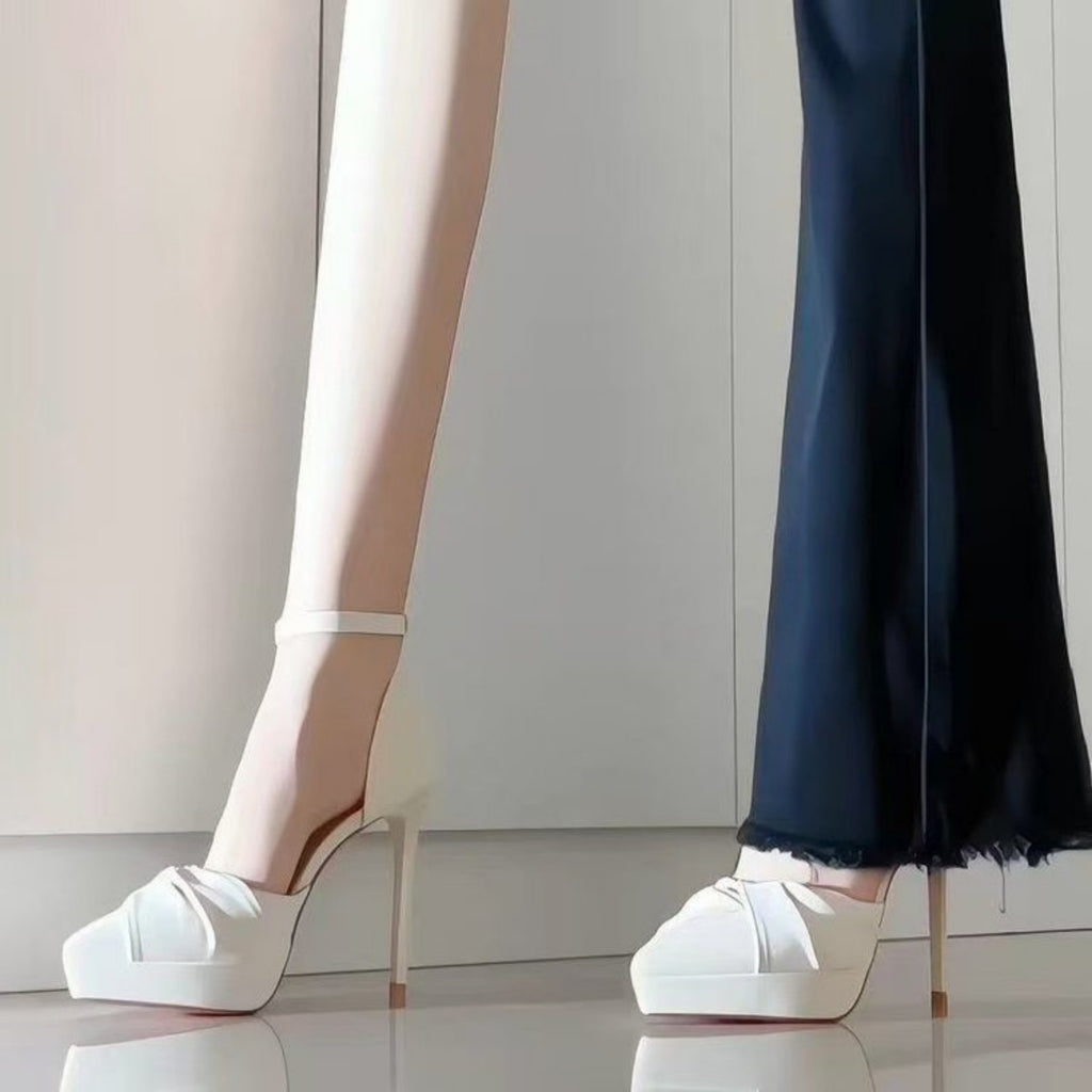 Femmes plissée plate-forme d'orteil carré talons hauts bracelet en cheville Stiletto Pompes Soirée de mariage Dres