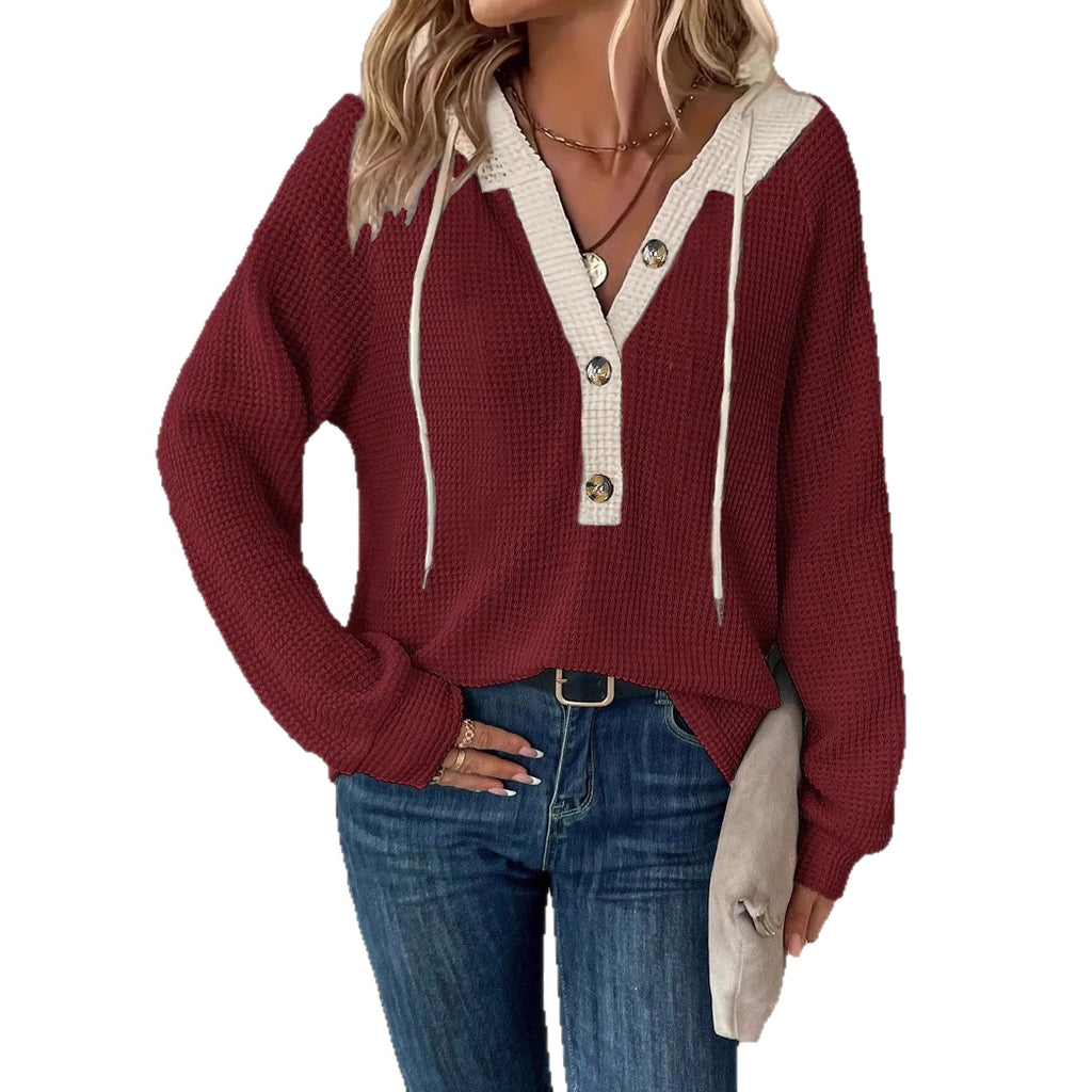 Femmes Bouton à capuchon de couleur unie-front Relaxed-fit Long-sleeve Top