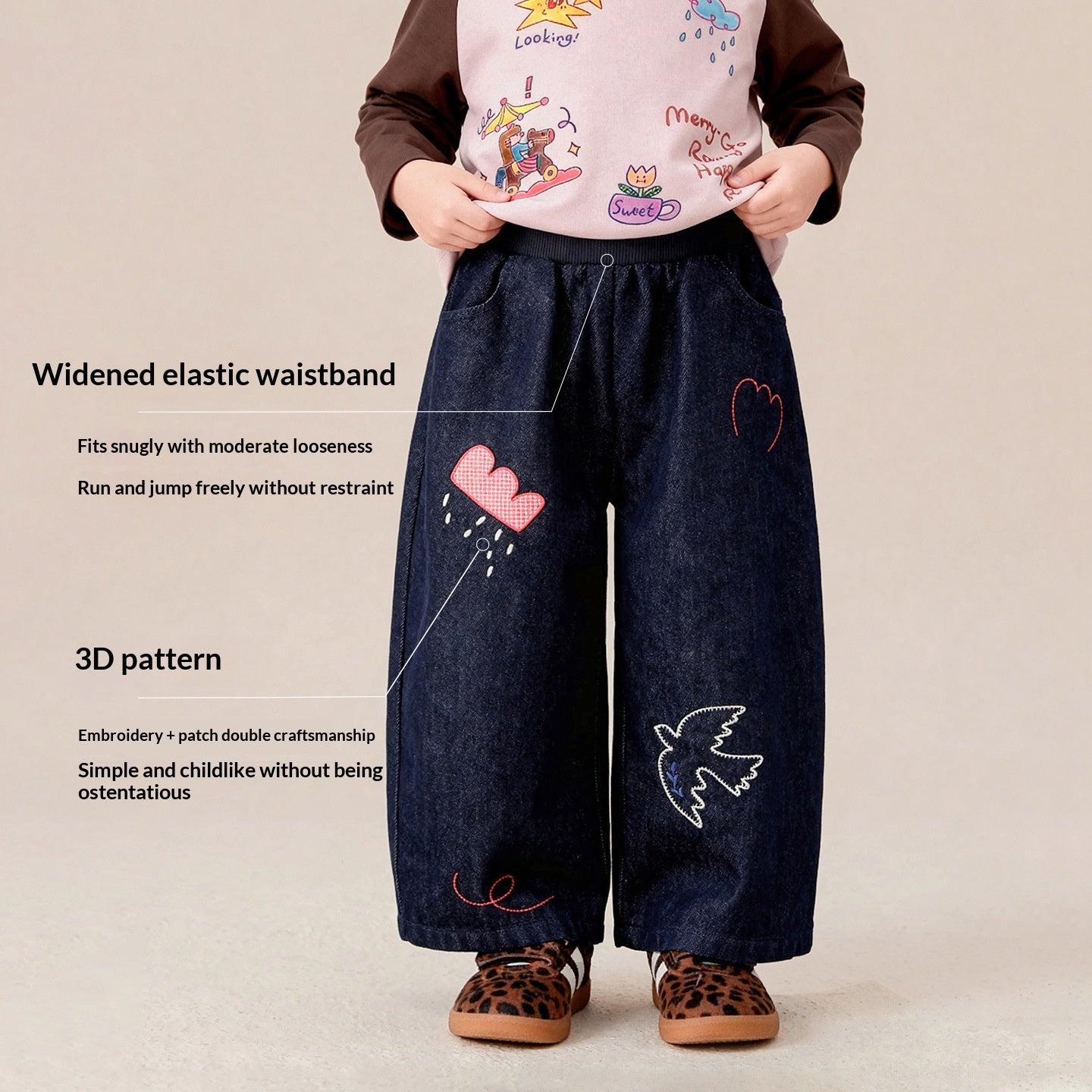 Lettre Broderie large Jambe droit Pantalons de coton Pantalons Printemps Automne