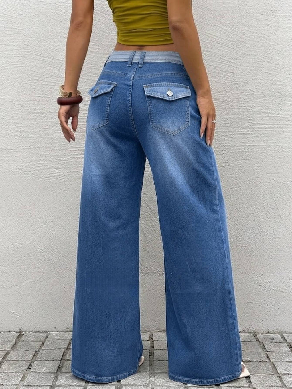 Femmes Contraste Waistband Haute Denim Jeans Denim Moyen Bleu Loose Large Leg Soft Laved Cas
