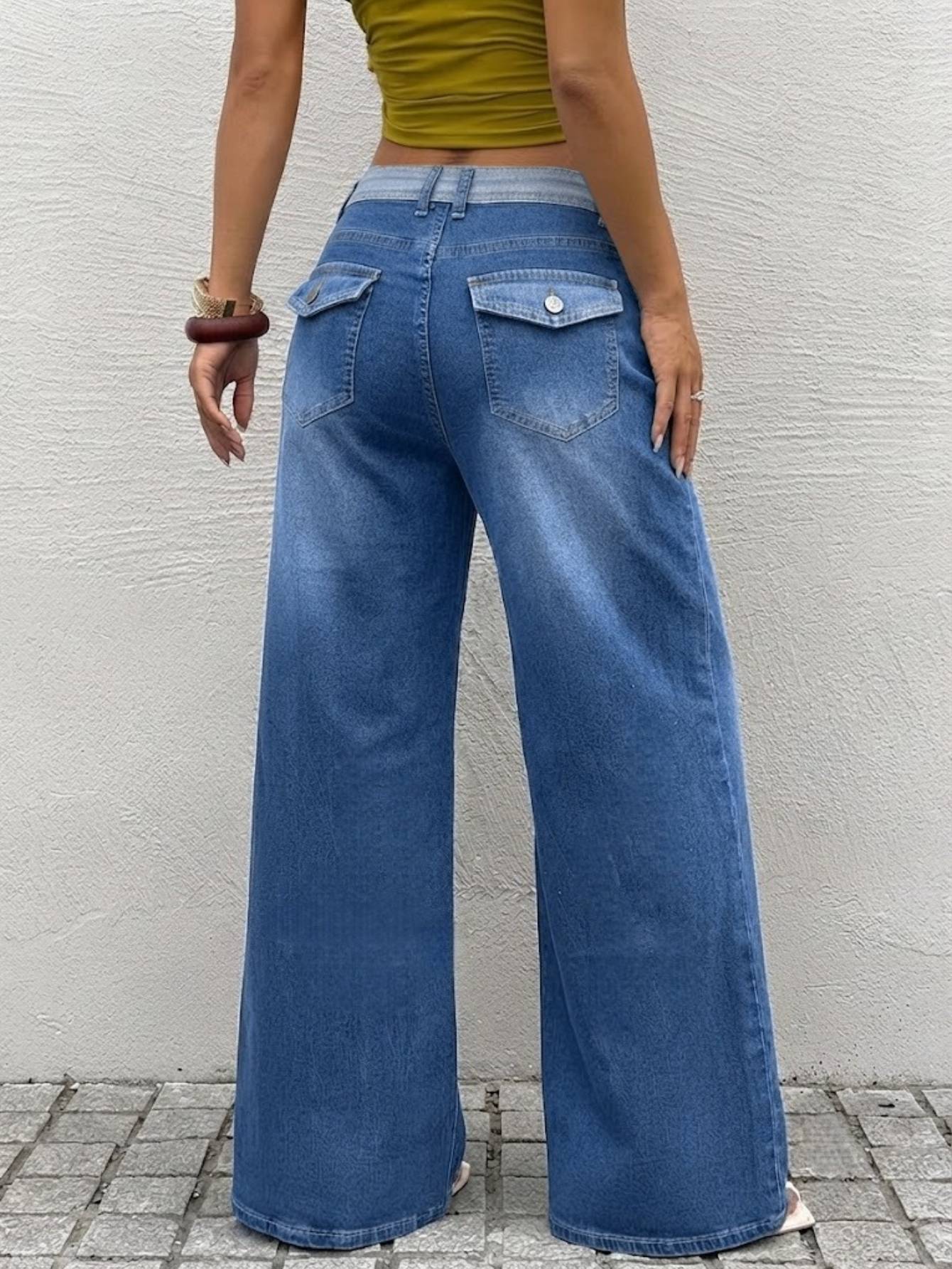 Femmes Contraste Waistband Haute Denim Jeans Denim Moyen Bleu Loose Large Leg Soft Laved Cas