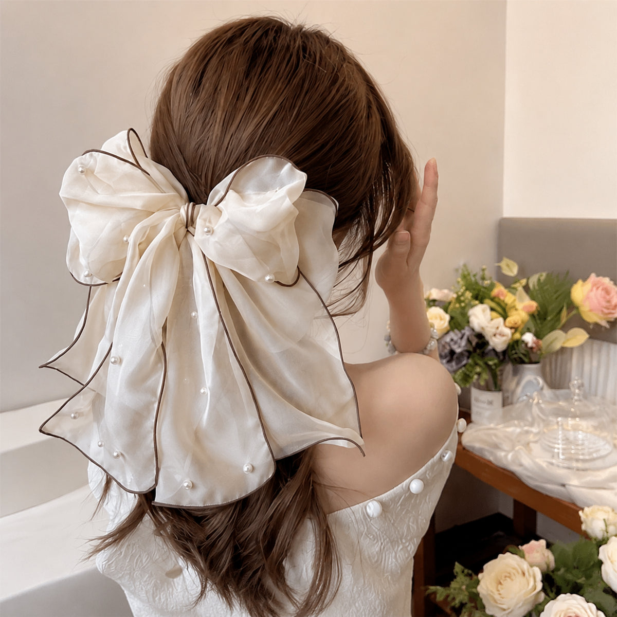 Perle Fil de Neige Large Bow Clip pour cheveux - Accessoire pour cheveux de queue de cheval demi-haut pour femmes auto-épic