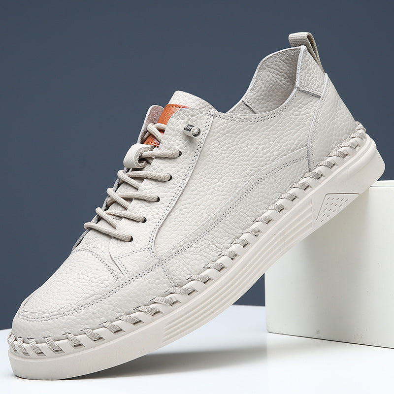 Sneakers en cuir véritable polyvalent couleur solide pour hommes