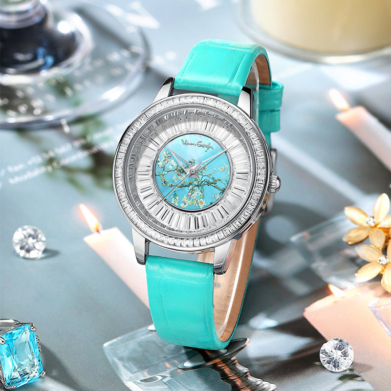 Van Gogh montre à quartz pour femme 3D imprimé peinture à l'huile Cadran complet Zirconium bracelet en cuir Se