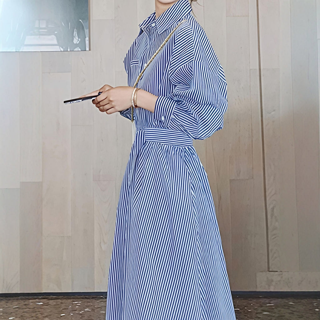 Women's blue and white striped shirt dress