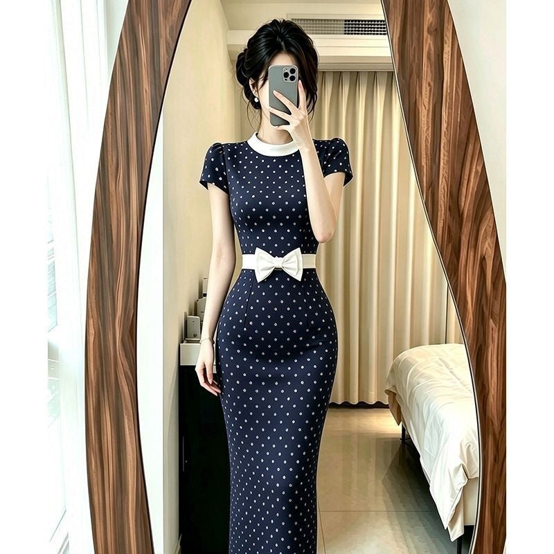 Retro Couleur-bloc Collier Polka-dot Robe longue
