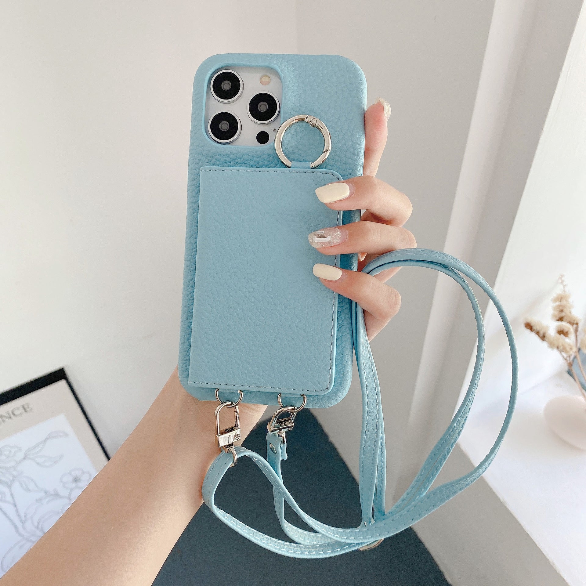 Motif Lychee Gauche et Droite Ouvert Miroir Beauté Étui de téléphone Lanyard