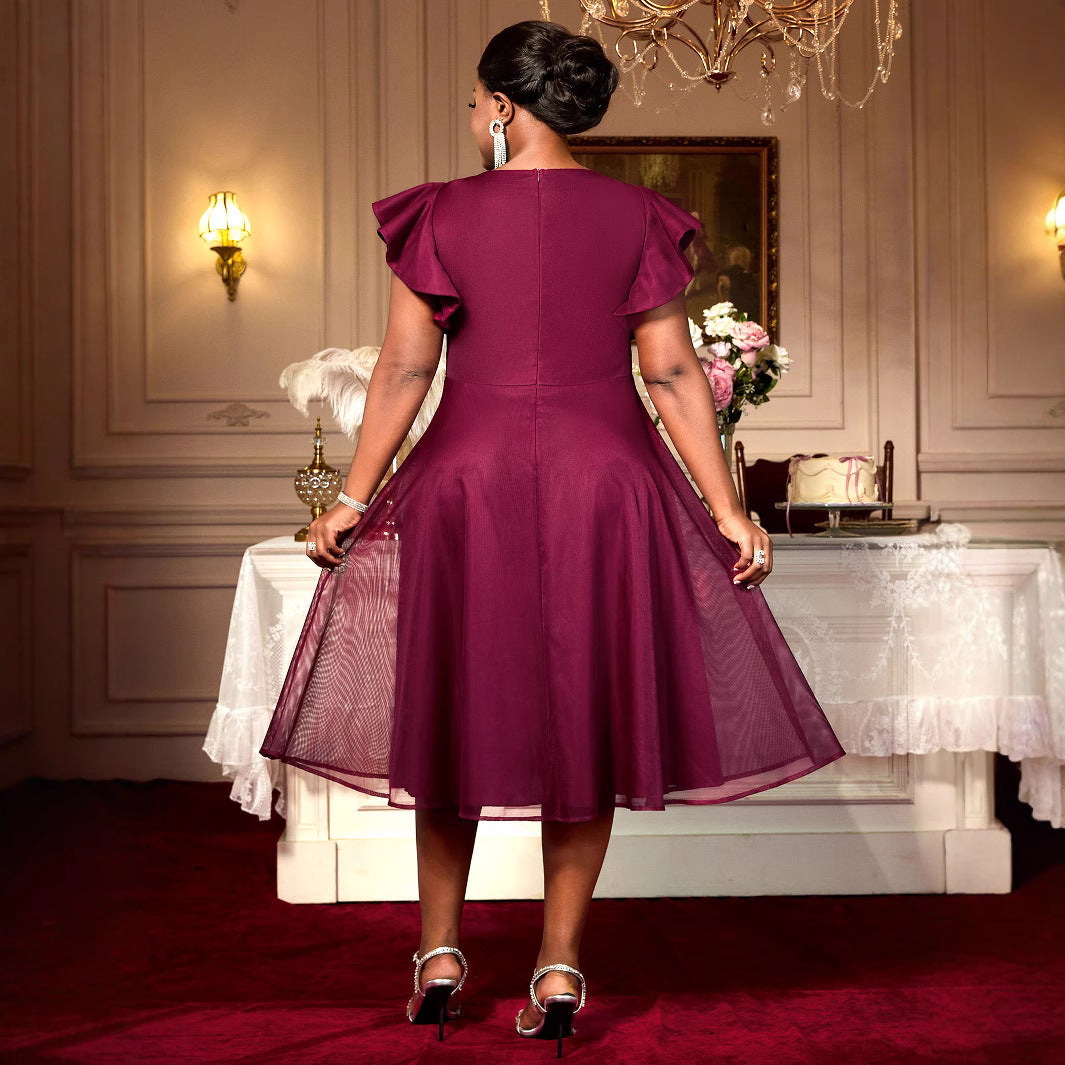 Été Mesh Papillon Manches Ruffes Soirée Mariage Invité Robe élégante