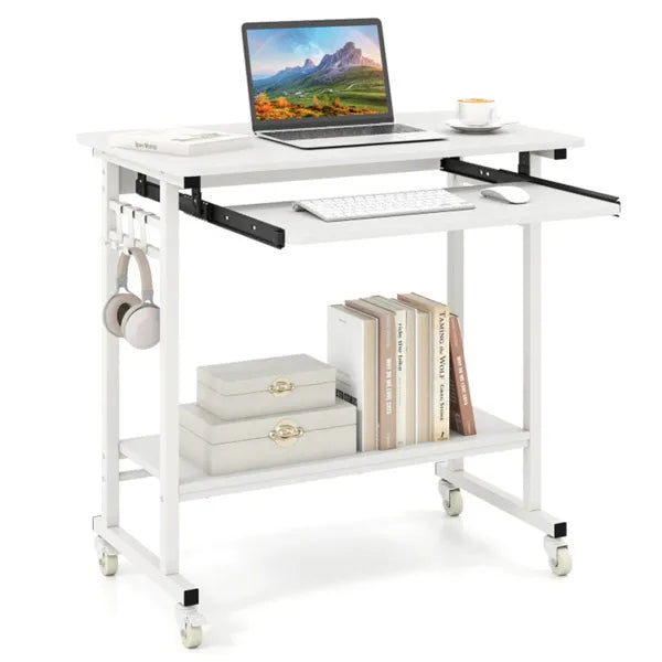 Bureau d'ordinateur mobile blanc avec plateau à clavier et plateau de stockage