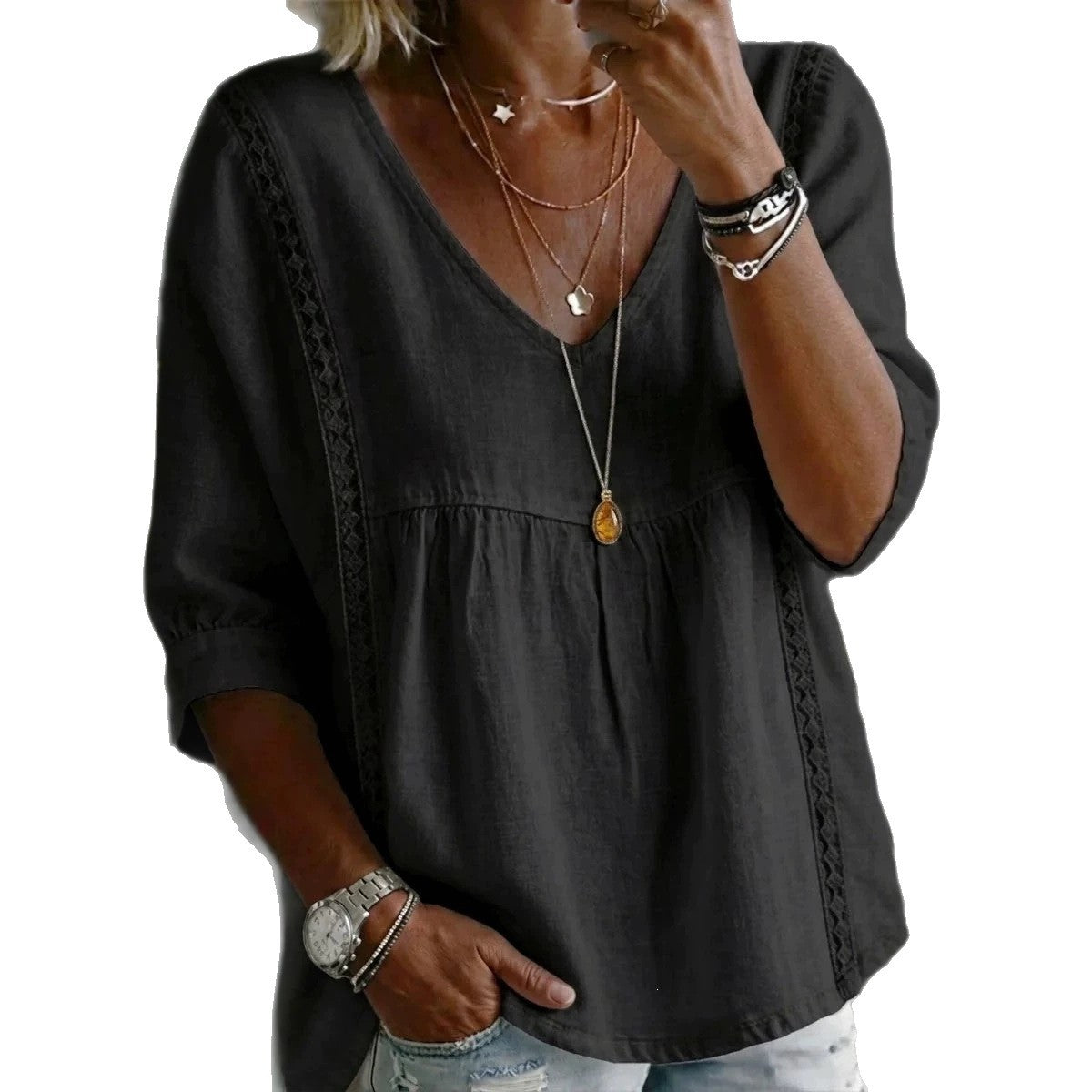 Femmes Dentelle en col V Pullover Blouse de couleur unie