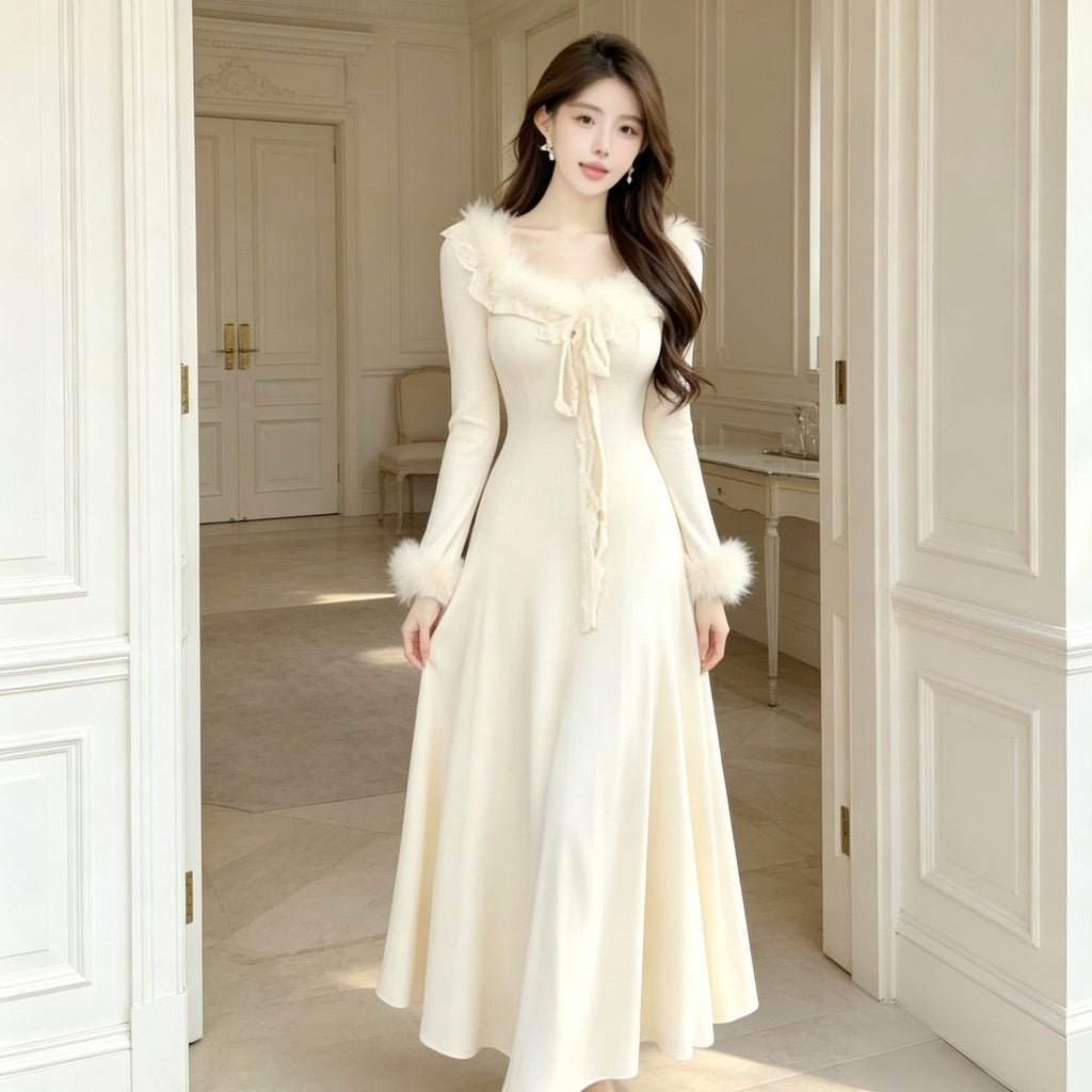 Robe longue flatteur en dentelle avec une vibe d'automne cozy