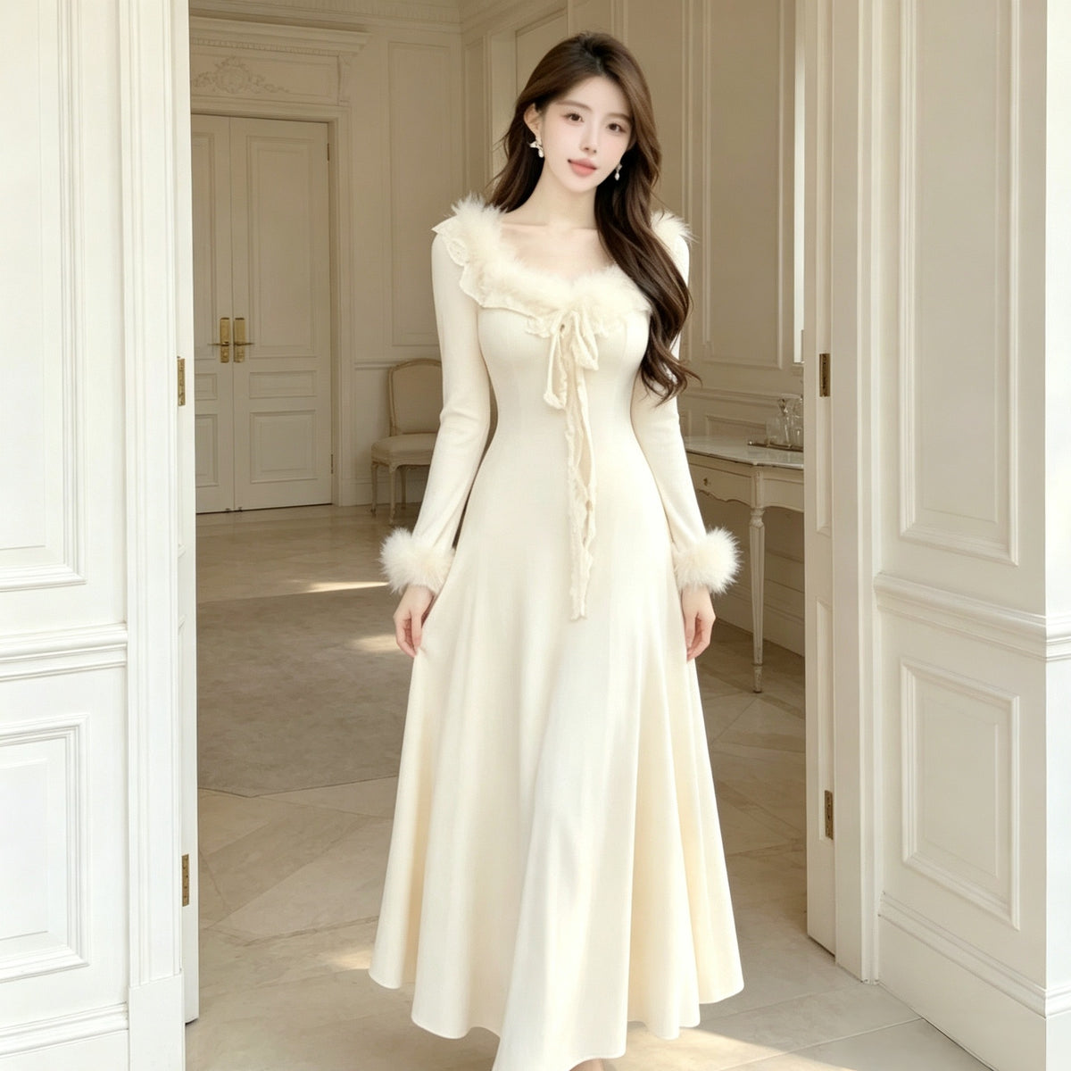 Robe longue flatteur en dentelle avec une vibe d'automne cozy