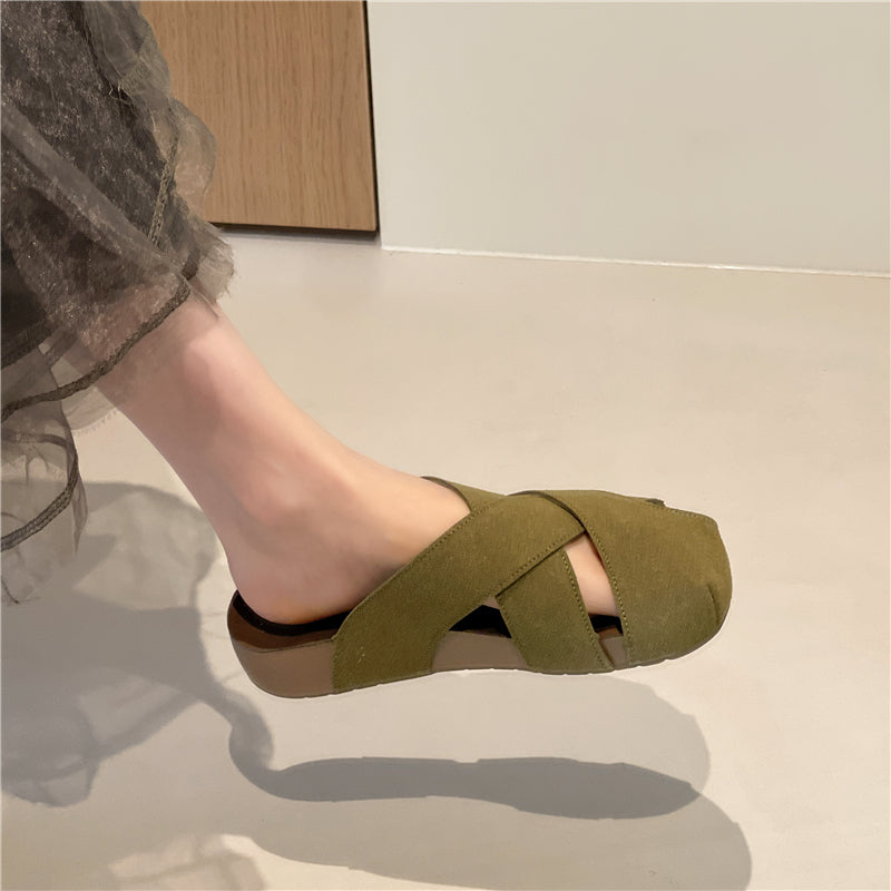 Platform Woven Closed Toe Mules Women Summer Outdoor Wear Hollow Breathable Slip on Slide