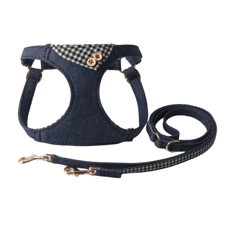 Patchwork de denim bleu foncé Plaid Pet Harness Set