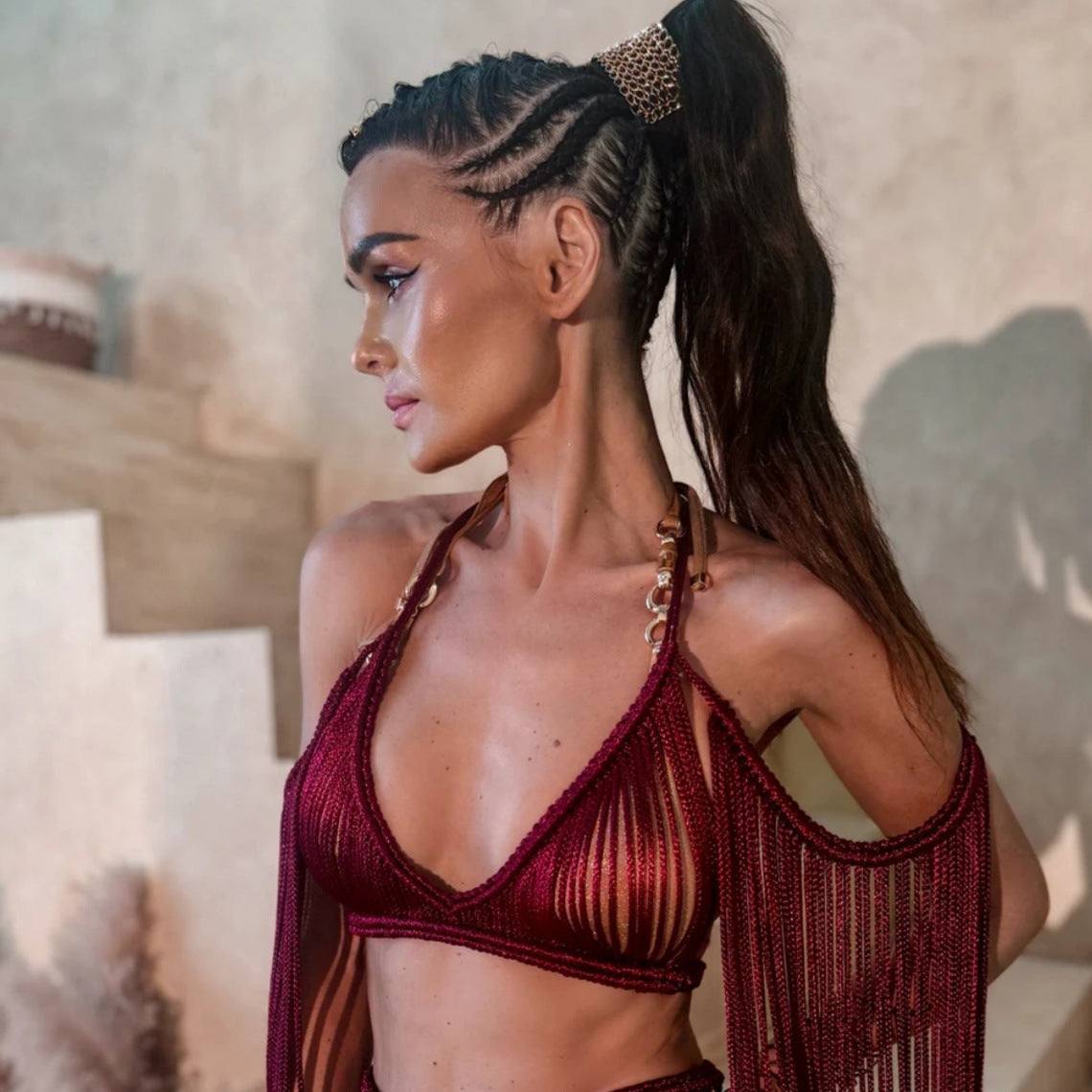 Ensemble à deux pièces sexy de plage de Tassel longue robe tricotée