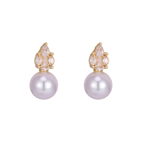 Boucles d'oreilles pendantes perle et gouttes de zircone, ton doré