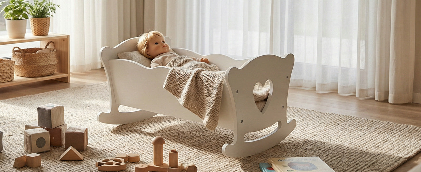 Poupée en bois jouer Cradle Rocking Baby Doll Crib avec literie rose pour poupées jusqu'à 20 en