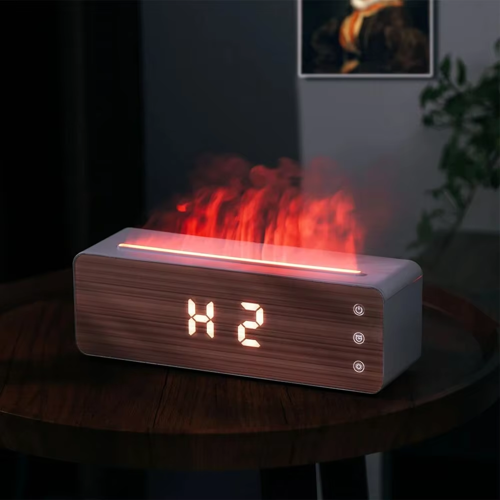 Maison poisson Humidificateur de flamme Aromathérapie Machine avec Horloge Affichage de l'humidité Lampe d'atmosphère