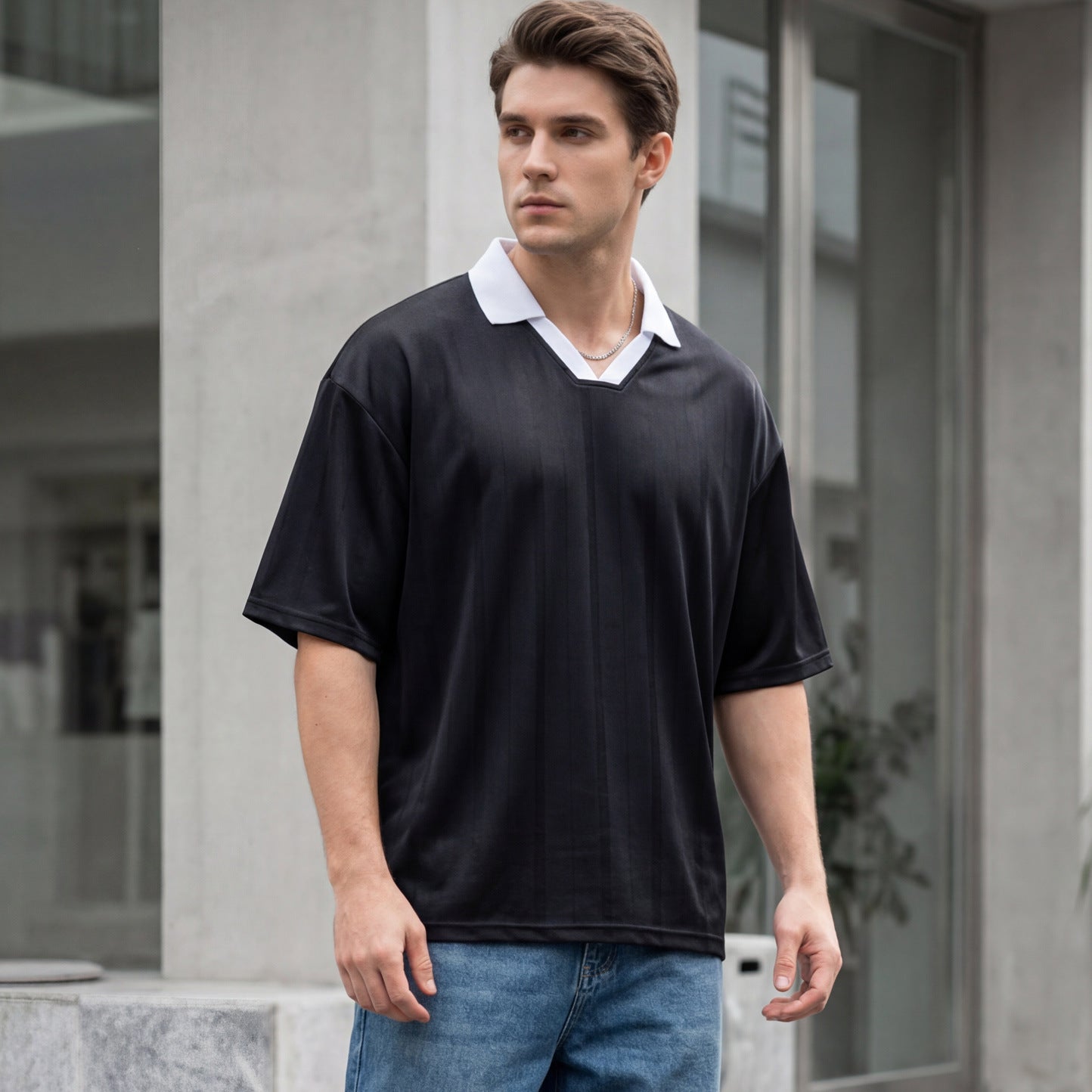 Contrast-collar Jersey Hommes manches courtes Top Sports