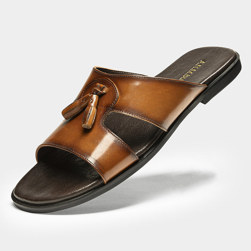 Pantoufles en cuir véritable pour hommes fabriquées à partir de cuir de vache à grains entiers