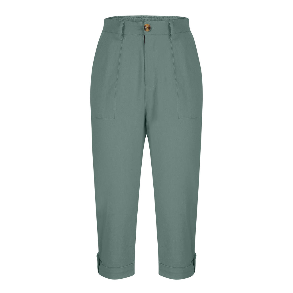 Vêtements de travail en couleur solide pour femmes Pantalons taille bouton Pantalons oreille Design Pantalons de jambes courbés pour femmes