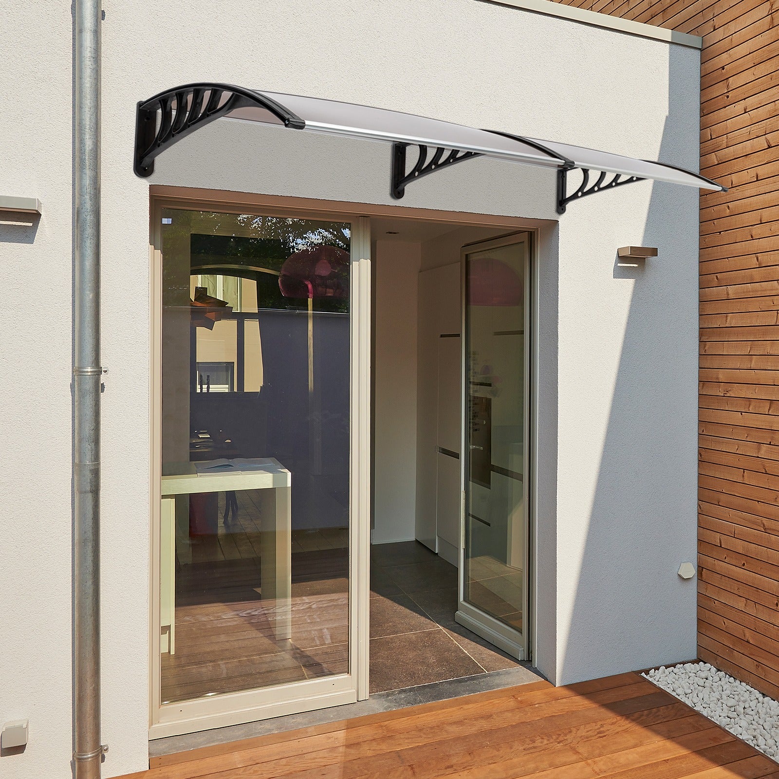Auvent de porte 80x38in avec panneau en polycarbonate brun et support noir