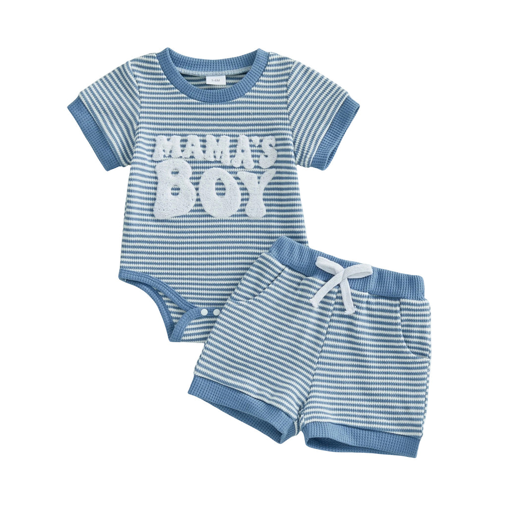 Bébé garçon rayé Brodé MAMA Romper et shorts ensemble deux pièces