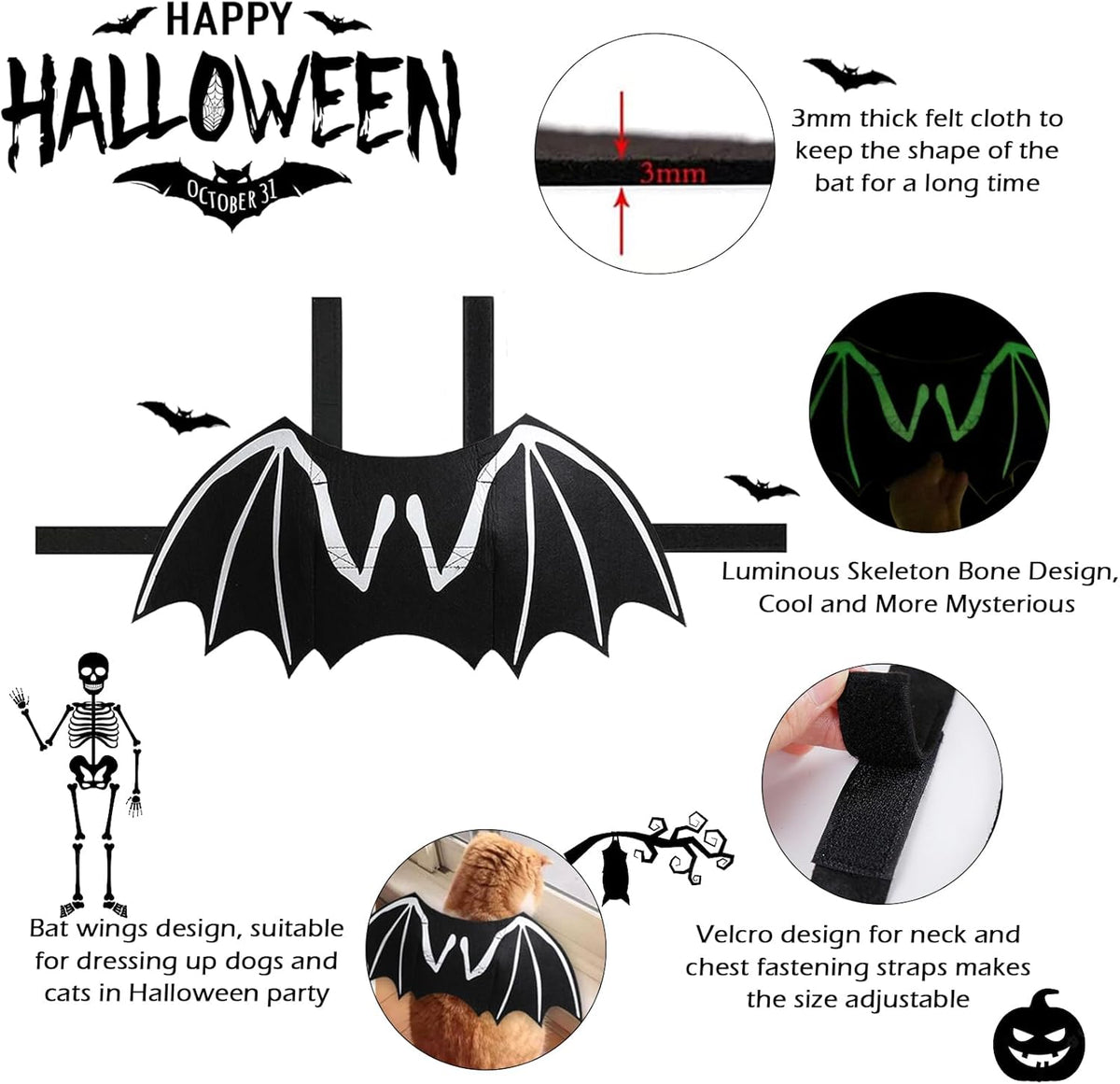 Chien Halloween costumes Chien Bat costume Cool Lumineux Skeleton Bone Bat Ailes Animaux Cosplay
