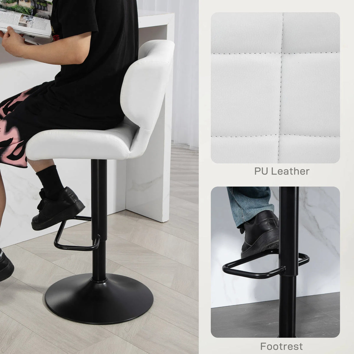 Tabourets en cuir PU pivotant Set de 2 tabourets réglables avec repose-pieds pour cuisine