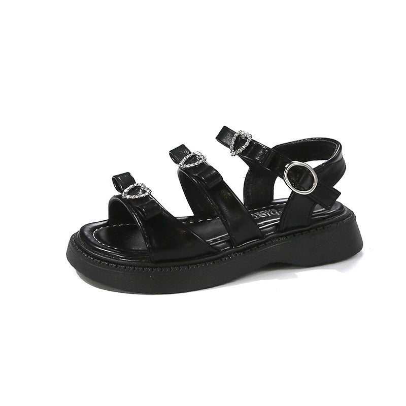 Sandales en strass pour enfants à cœur mignon à couleur solide