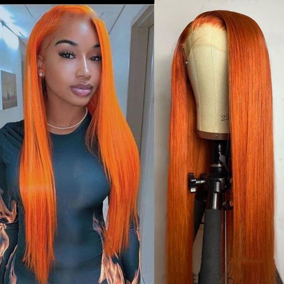 Perruque sans fil de fibre chimique longue droite orange Split