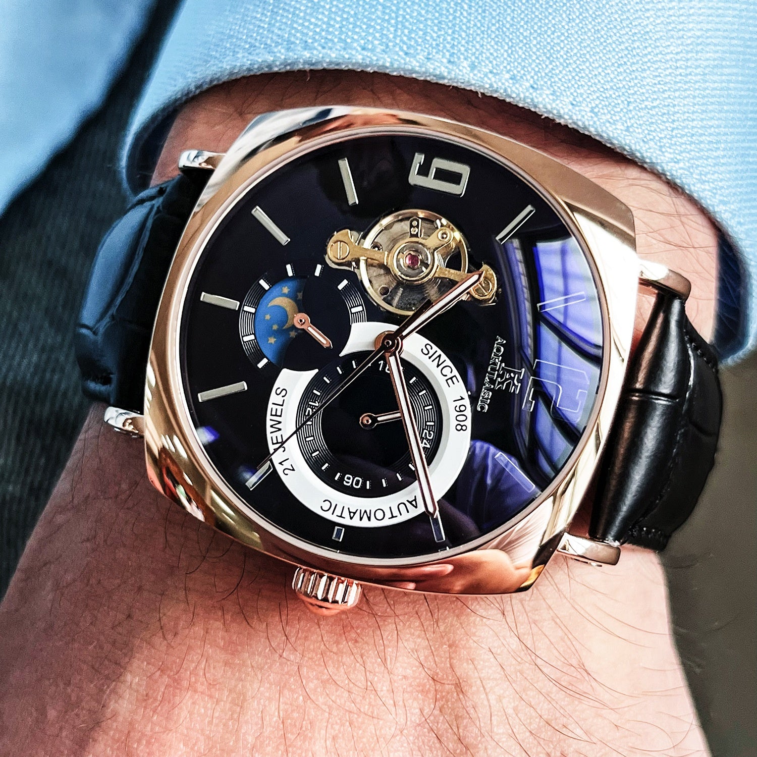 Hommes Square Montre mécanique entièrement automatique Casual Hommes Wristwatch