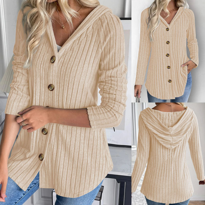 Femmes en tricot côtelé haut à capuche manches longues bouton vers le bas casual chemise Curved Hem Blouse avec S