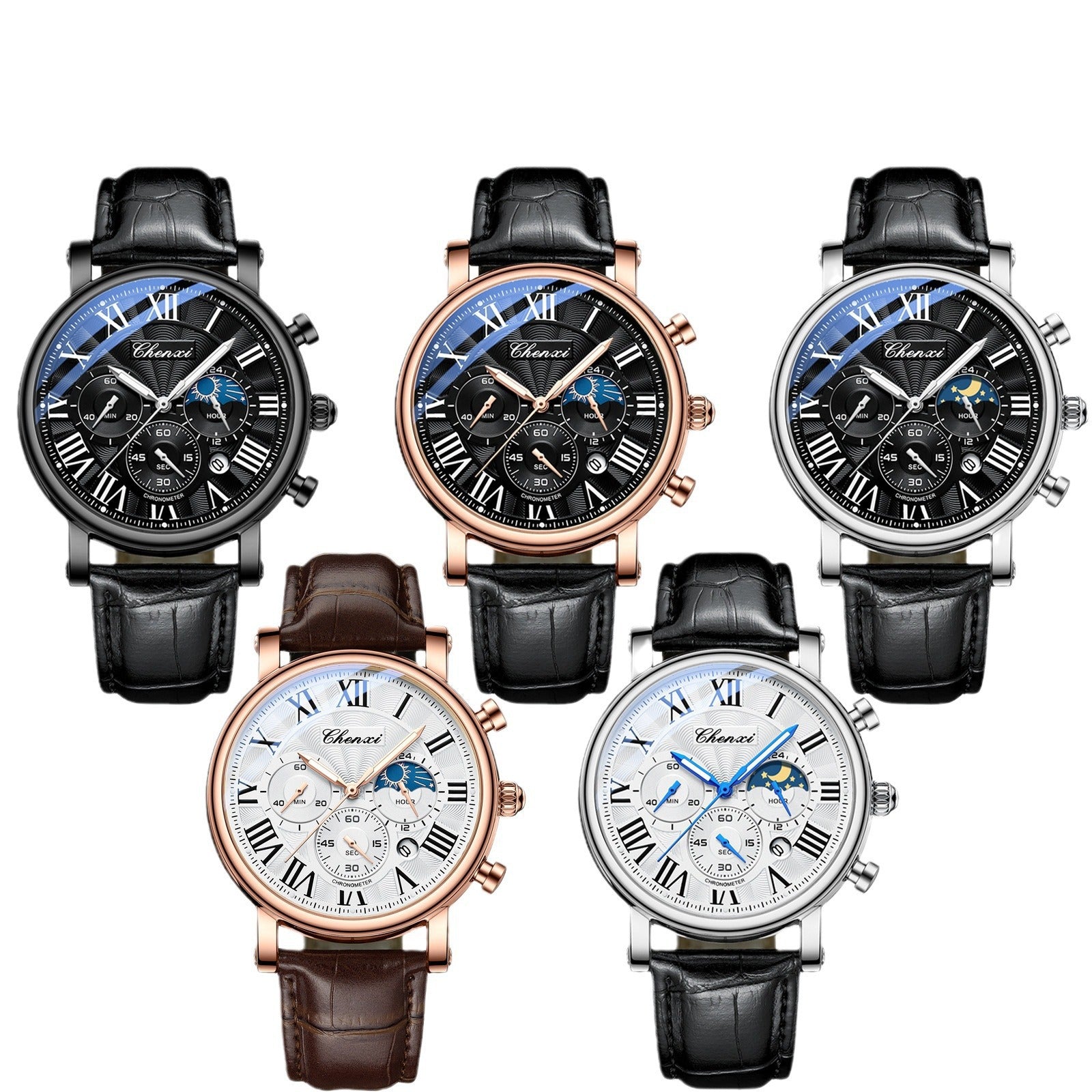 Multifonctionnel Hommes Business Moon Phase Calendrier Waterproof Watch