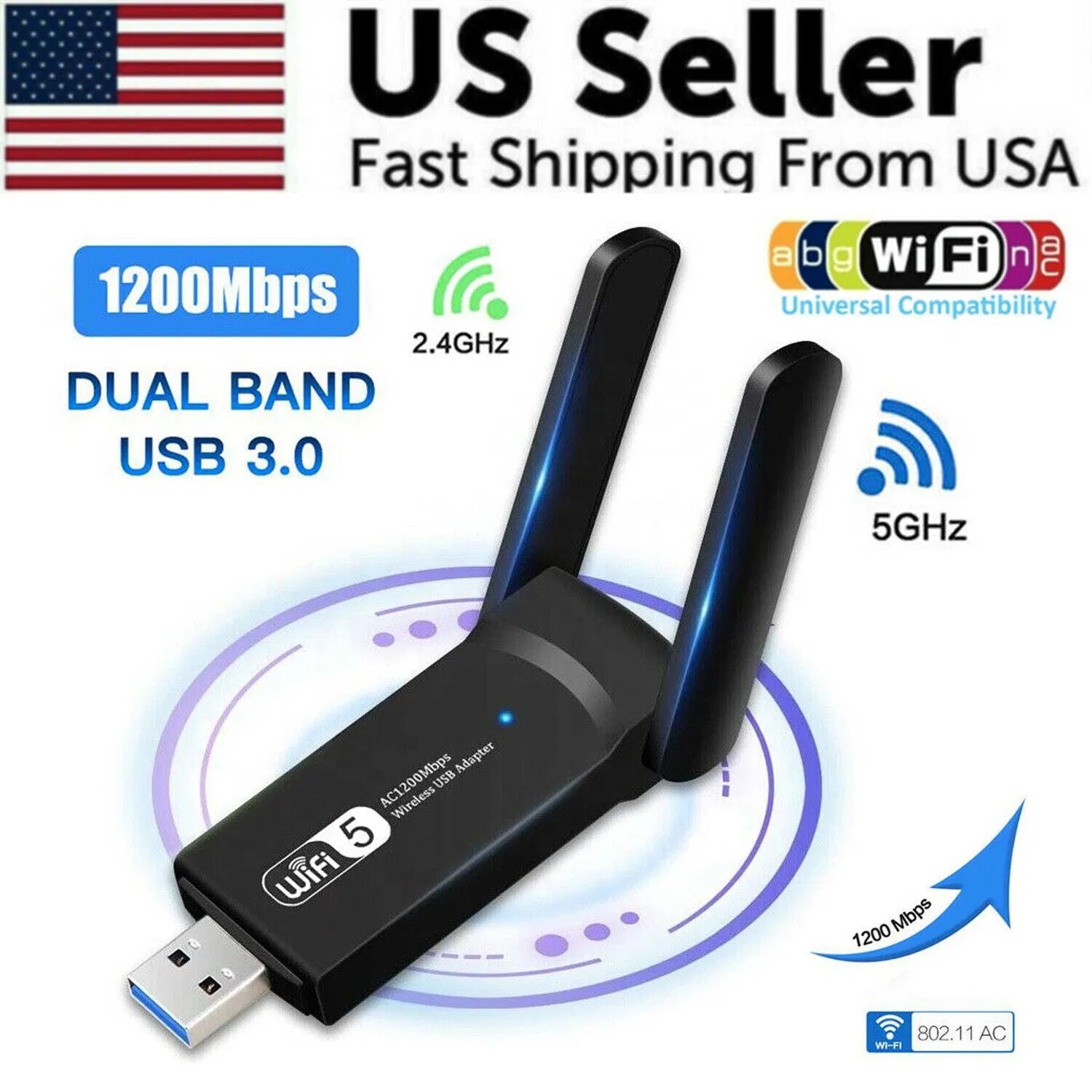 1200Mbps Longue portée AC1200 Double bande 5GHz Sans fil USB 3.0 Adaptateur WiFi Antennes