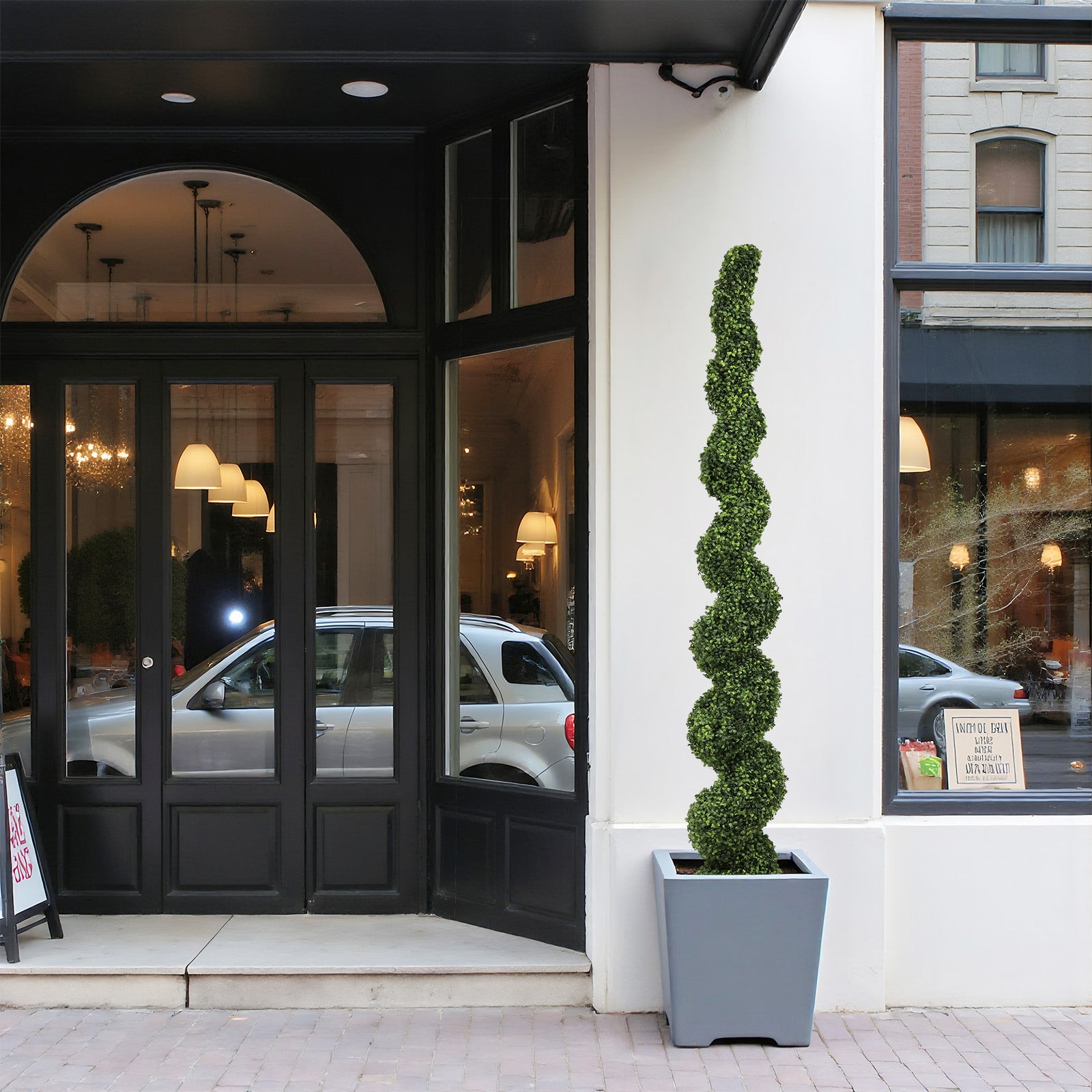 7FT Spiral Arbres topiaires artificiels à l'extérieur Faux Boxwood Plantes Grand Pot vert tordu