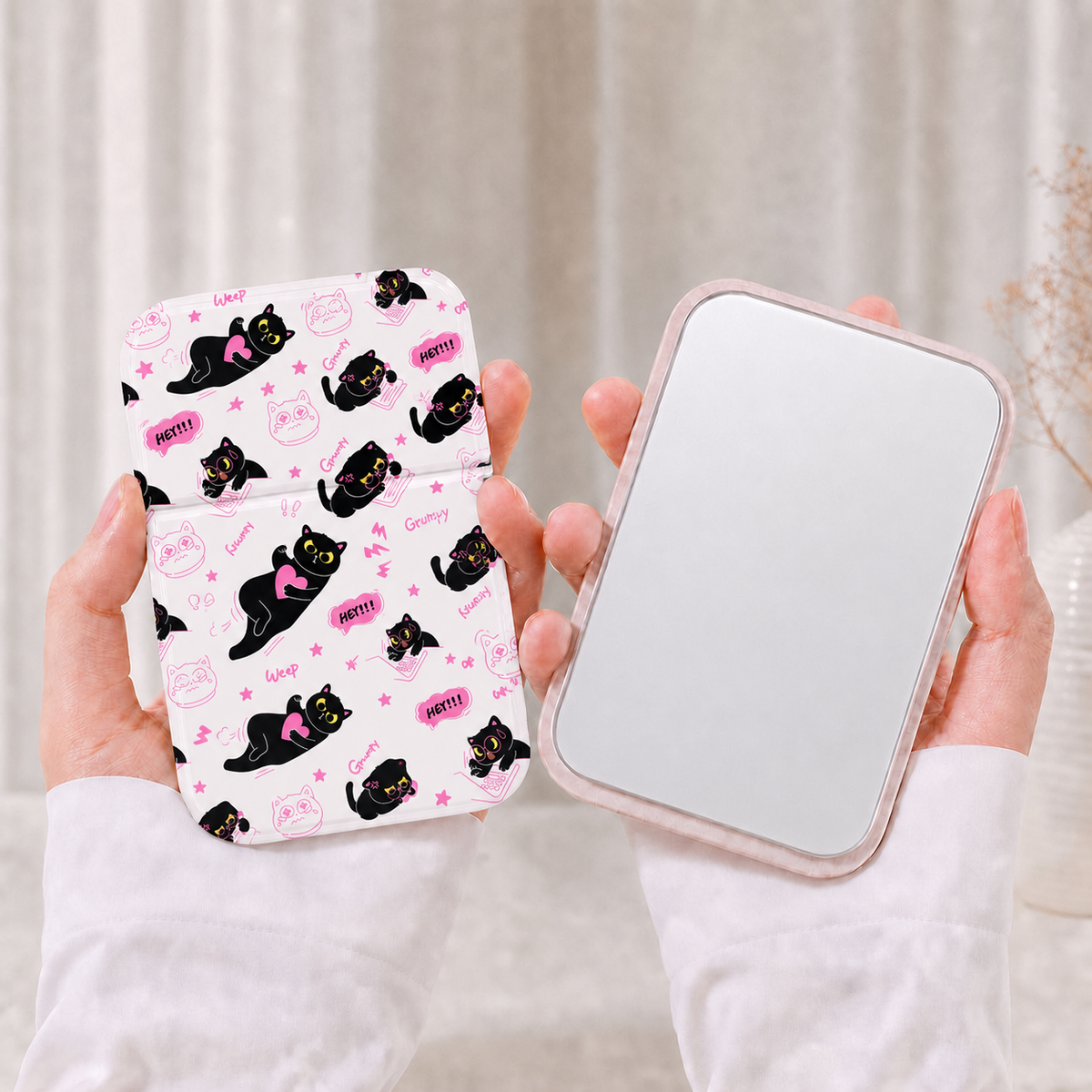Cute Cartoon Noir Cat pliant miroir compact