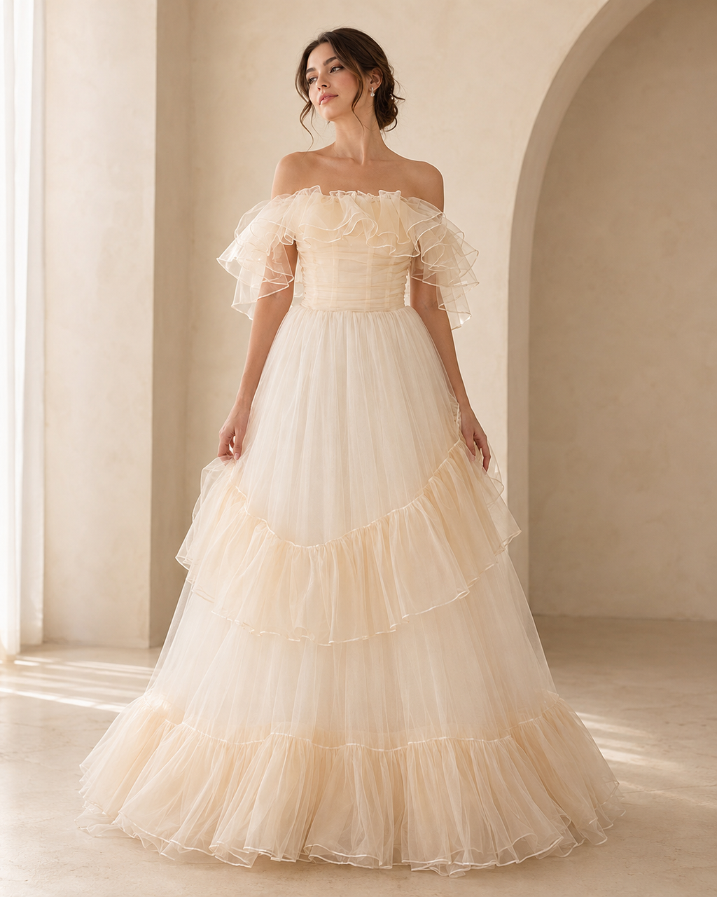 Hors-la-Sholder Ruffle à paliers Tulle Maxi Gown soirée