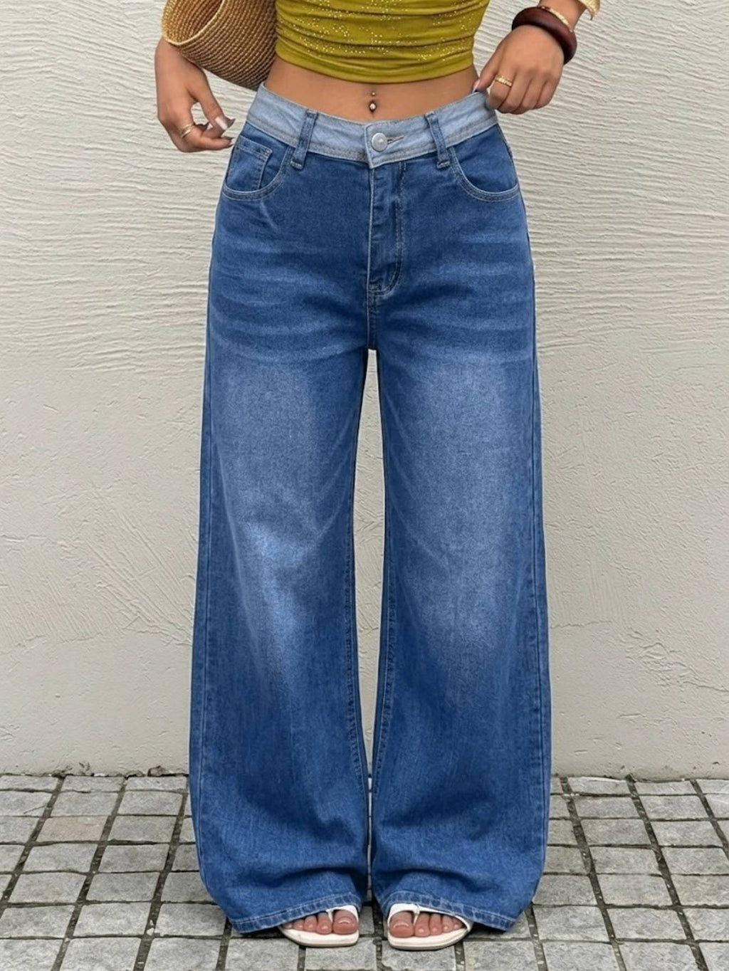 Femmes Contraste Waistband Haute Denim Jeans Denim Moyen Bleu Loose Large Leg Soft Laved Cas