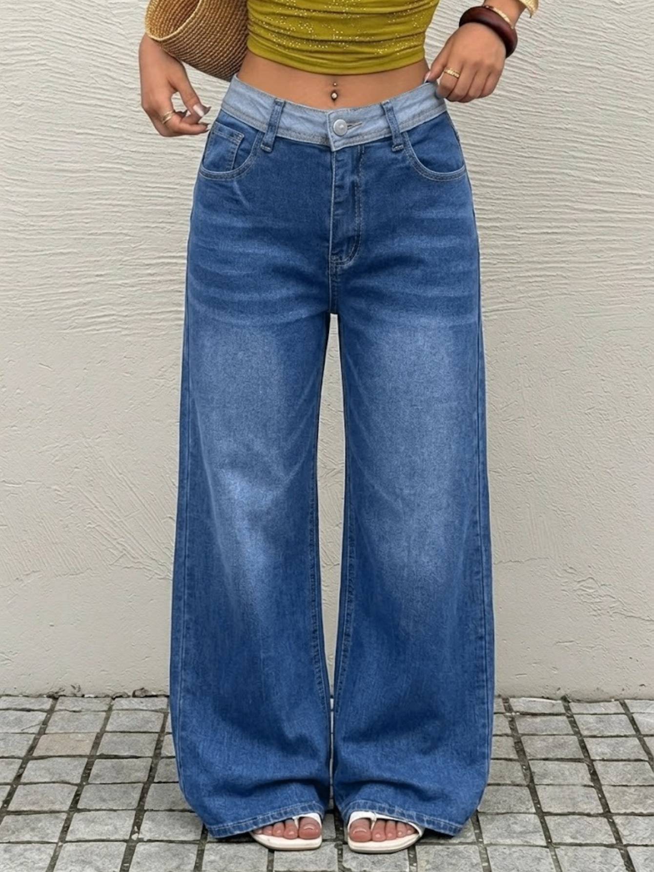 Femmes Contraste Waistband Haute Denim Jeans Denim Moyen Bleu Loose Large Leg Soft Laved Cas